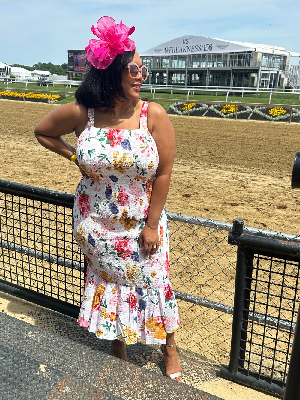 White Floral Square-Neck Midi Dress with Ruffle Hem